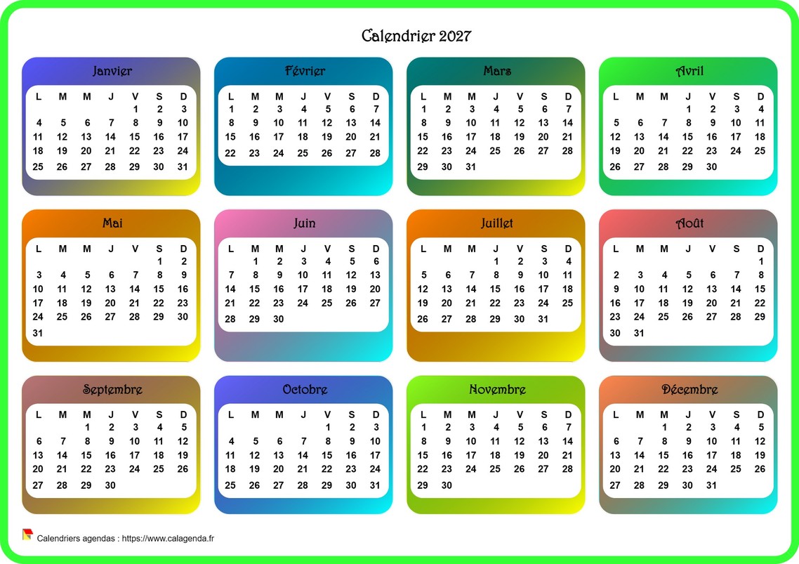 Calendrier 2027 annuel avec plusieurs dégradés de couleur