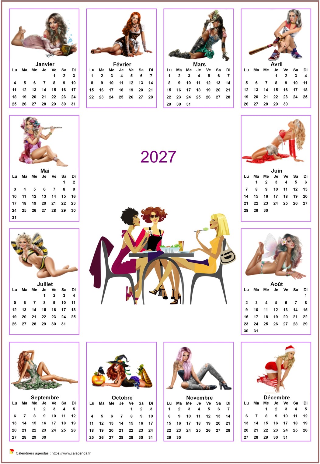Calendrier 2027 annuel tubes femmes