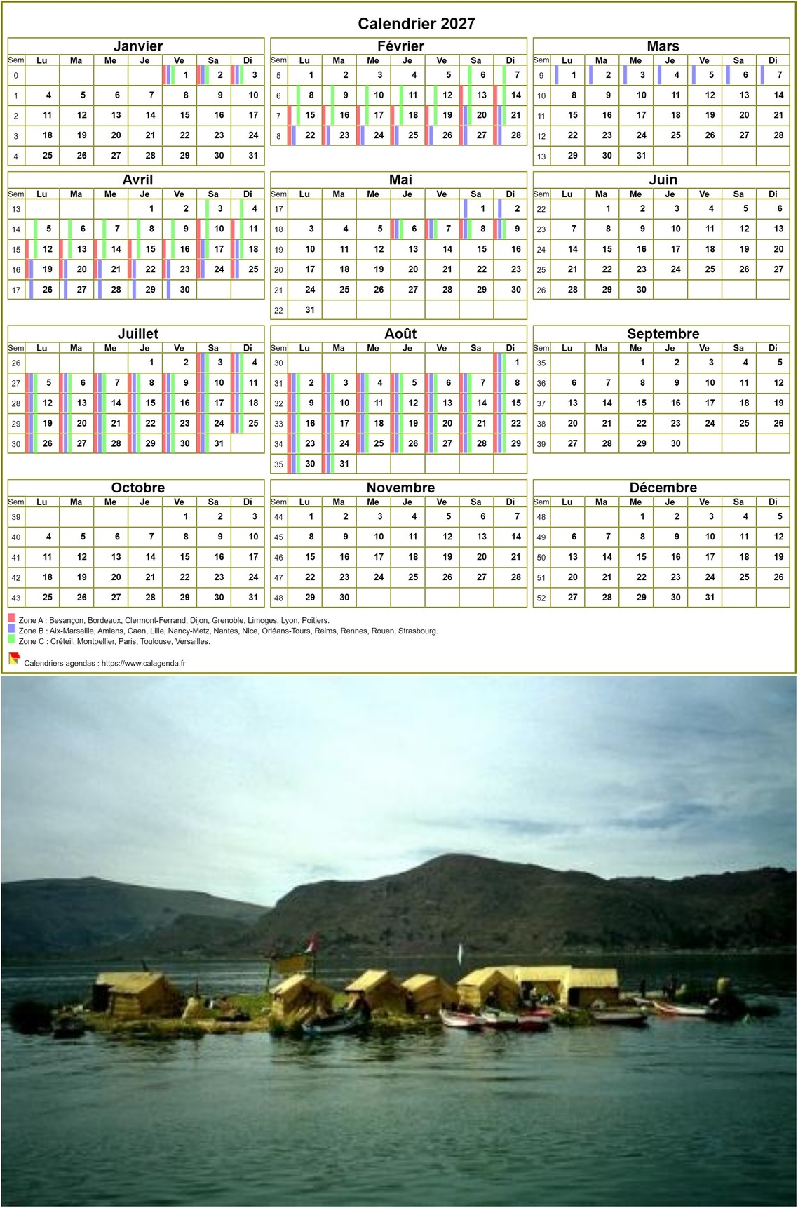Calendrier 2027 annuel, 3 colonnes, une ligne par trimestre (format portrait avec photo)