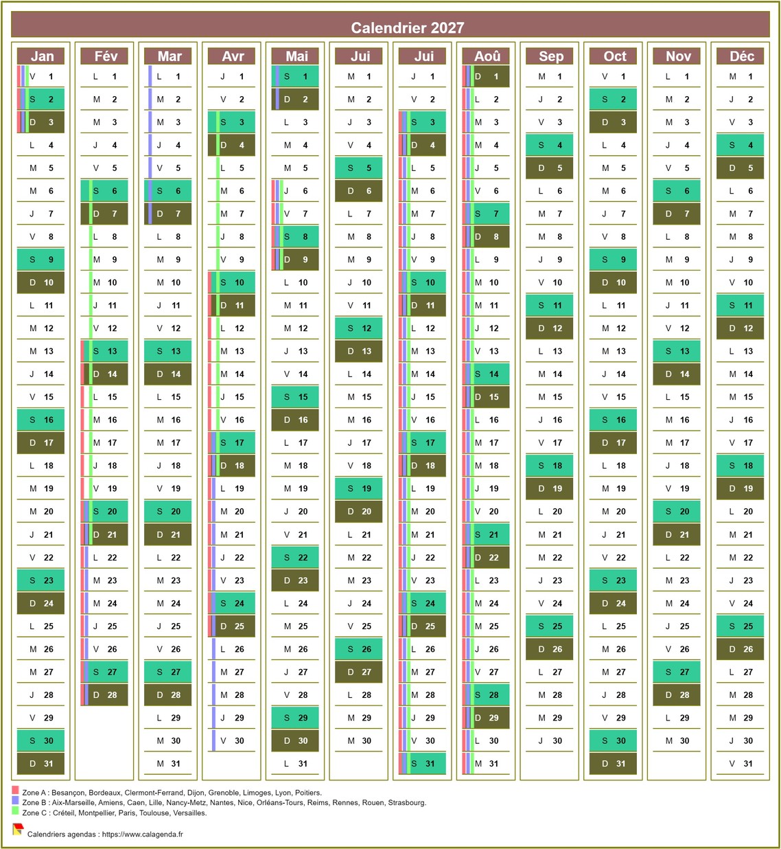 Calendrier 2027 annuel de 12 colonnes, avec agenda synthétique