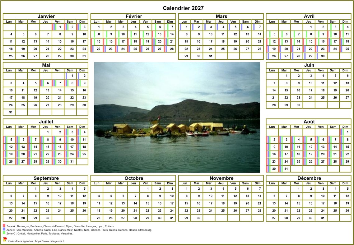 Calendrier 2027annuel avec photo, agenda synthétique, format paysage, sous-main ou mural