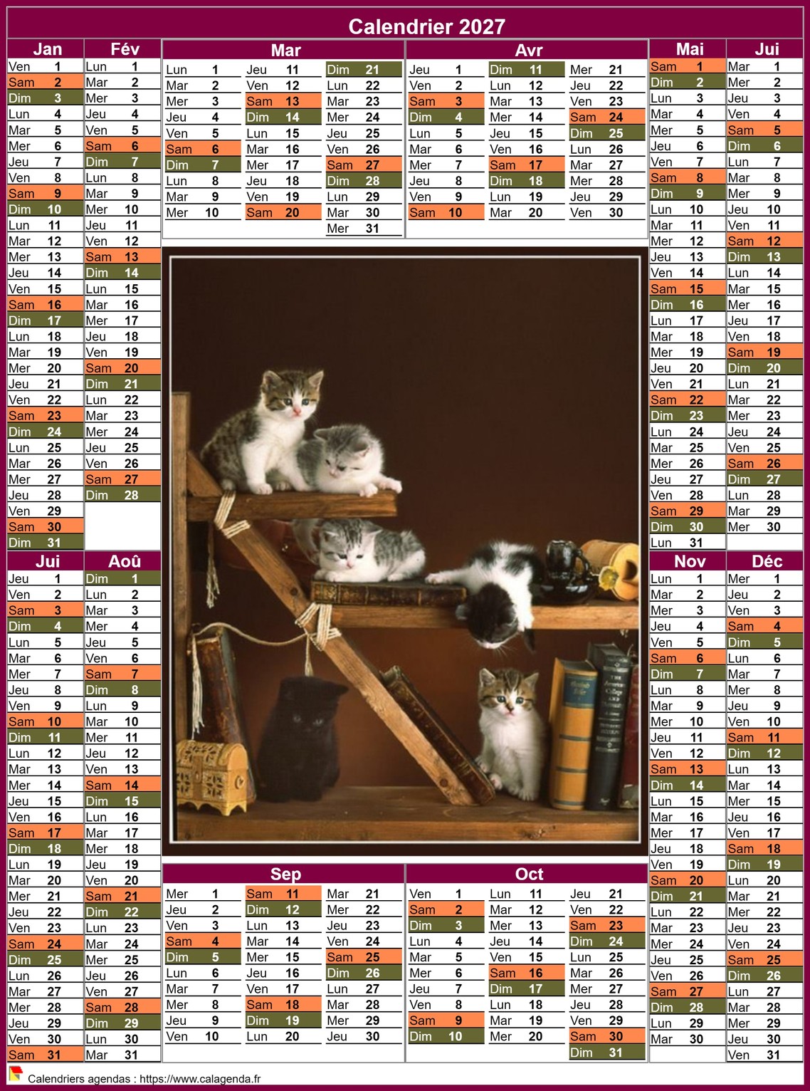 Calendrier 2027 annuel portrait style postes
