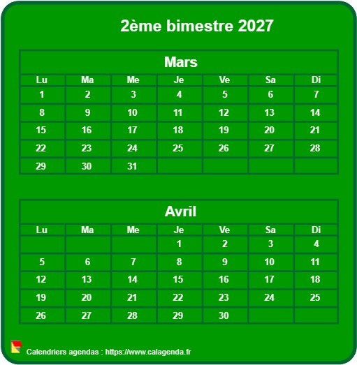 Calendrier 2027 à imprimer bimestriel, format mini de poche, vertical, fond vert