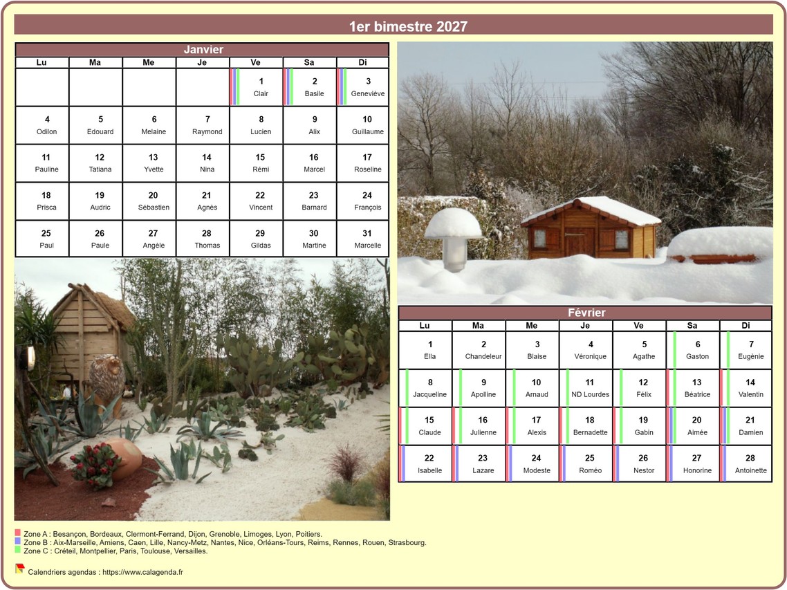Calendrier 2027 bimestriel avec une photo différente chaque mois