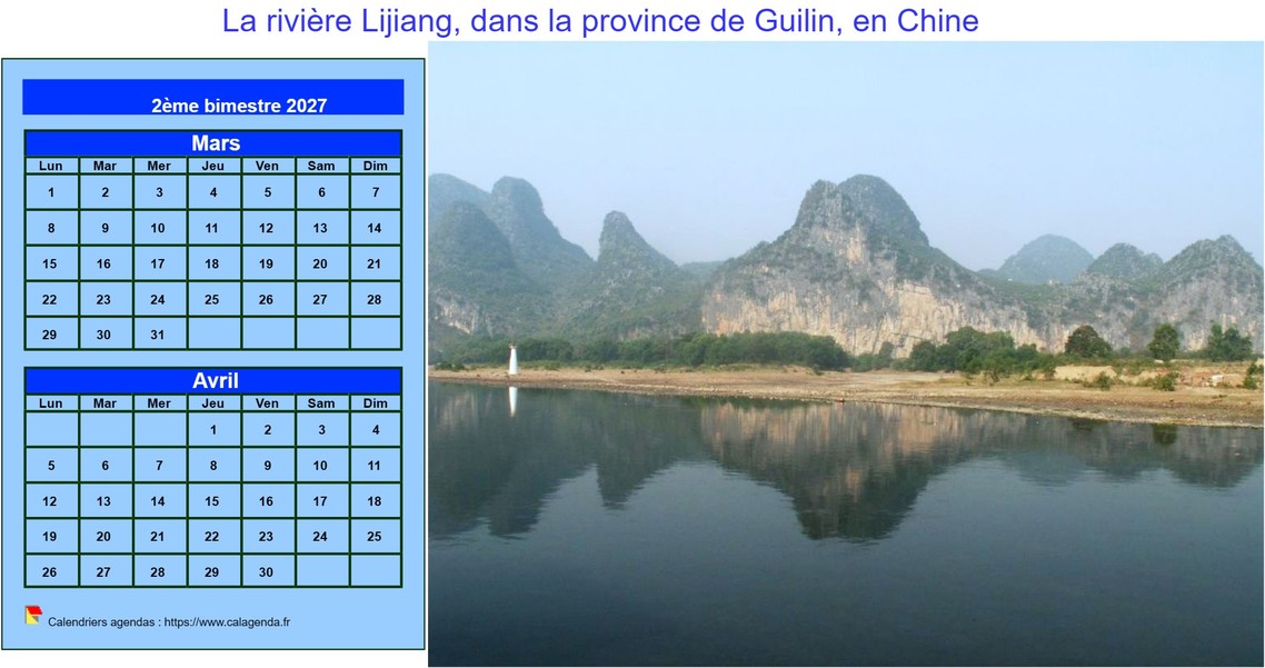Calendrier 2027 décoratif à imprimer, bimestriel, format paysage, avec photo à droite