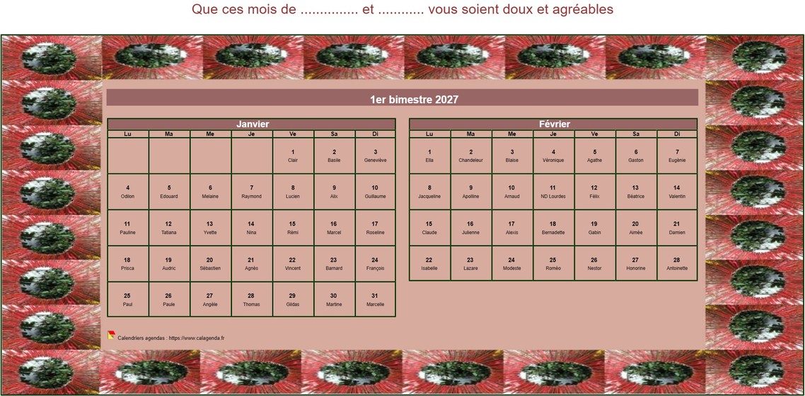 Calendrier 2027 à imprimer bimestriel décoratif, format paysage, avec cadre photo