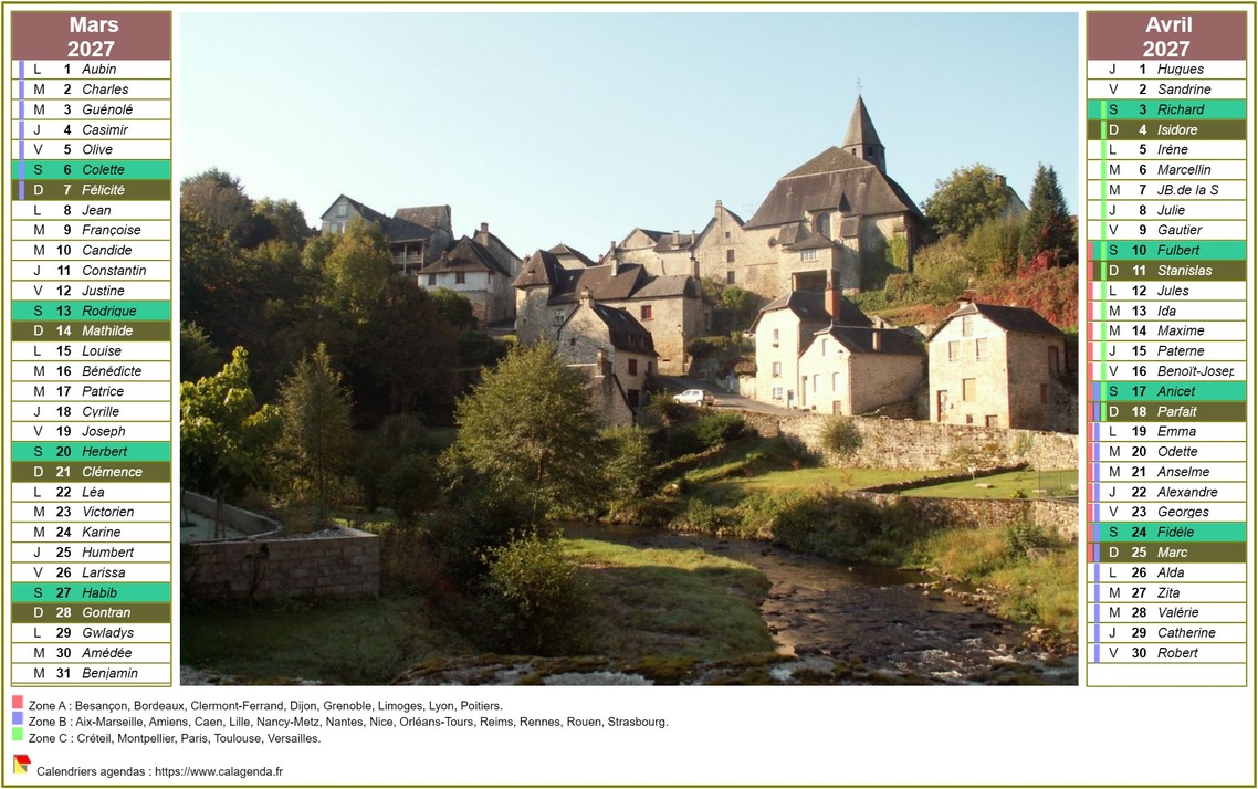 Calendrier 2027 bimestriel en colonnes avec photo à l'intérieur.