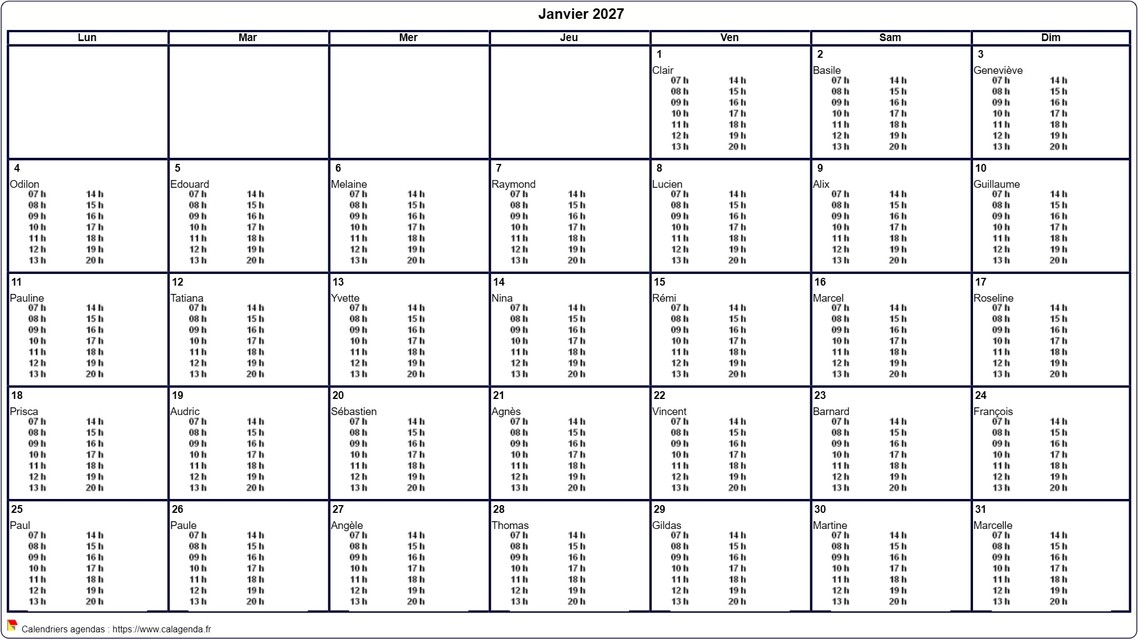Calendrier mensuel 2027 à imprimer vierge, avec les horaires dans chaque case