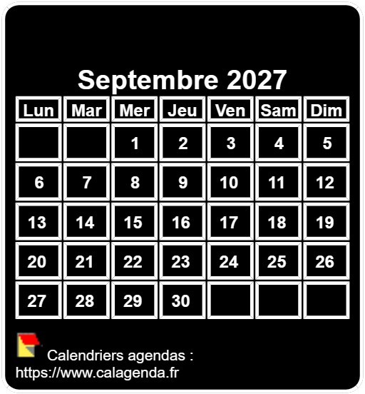 Calendrier mensuel 2027 à imprimer, fond noir, taille mini, format poche, spécial portefeuille