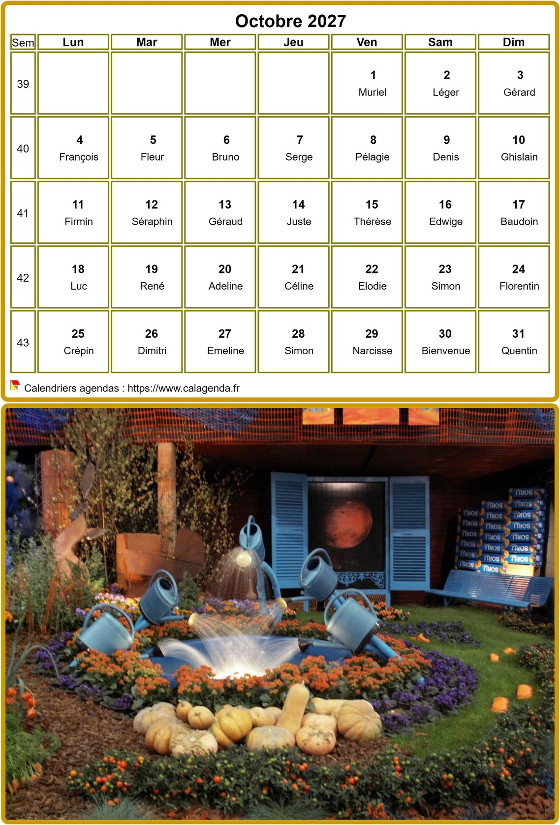 Calendrier mensuel 2027 à imprimer, avec photographie au dessous