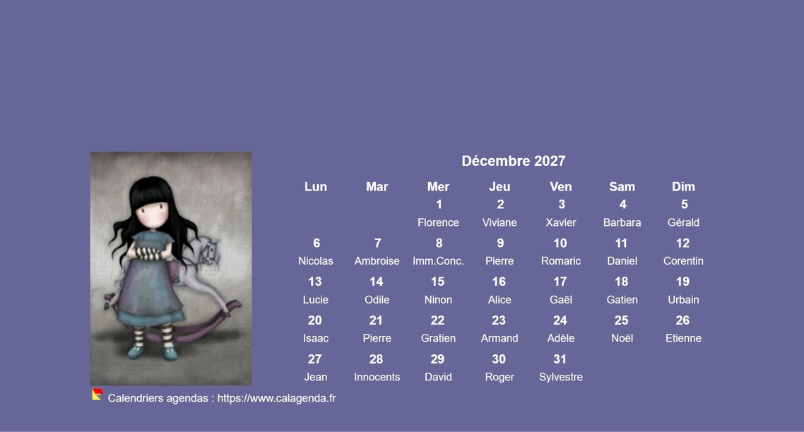 Calendrier mensuel 2027 Gorjuss