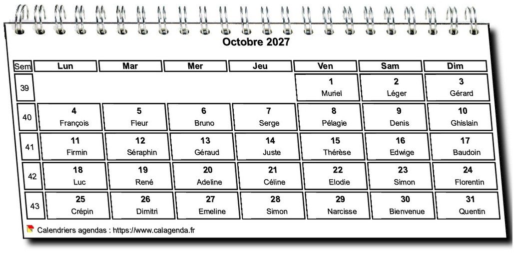 Calendrier mensuel 2027 à spirales