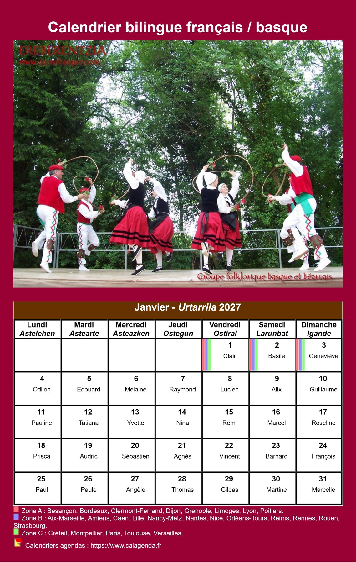 Calendrier mensuel 2027 basque
