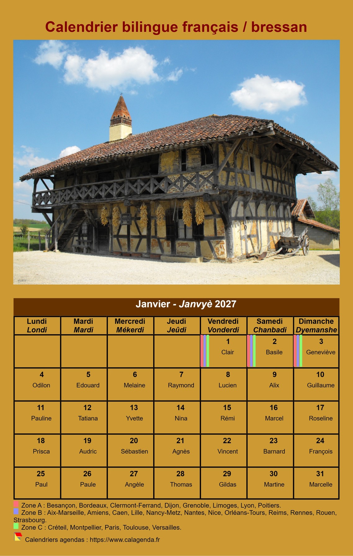 Calendrier mensuel 2027 en patois bressan