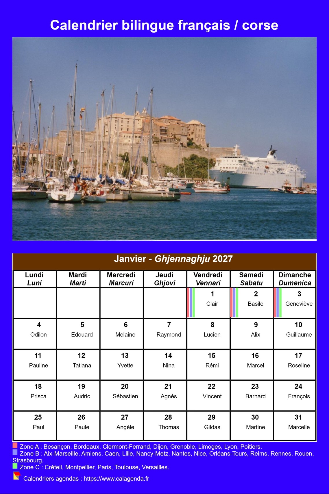Calendrier mensuel 2027 corse