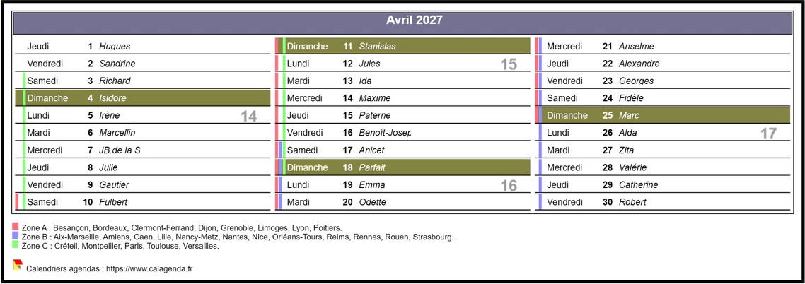 Calendrier mensuel 2027 en décades