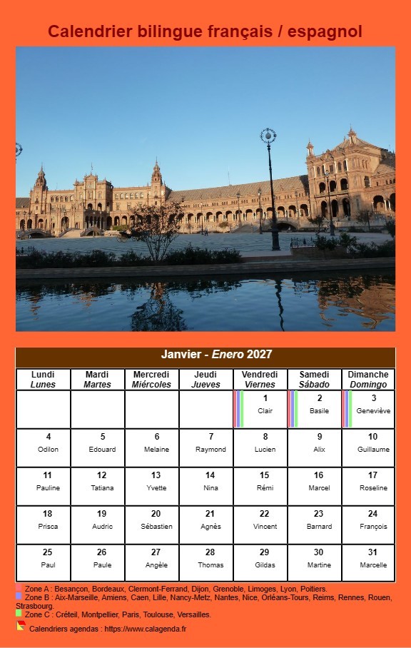 Calendrier mensuel 2027 bilingue français / espagnol