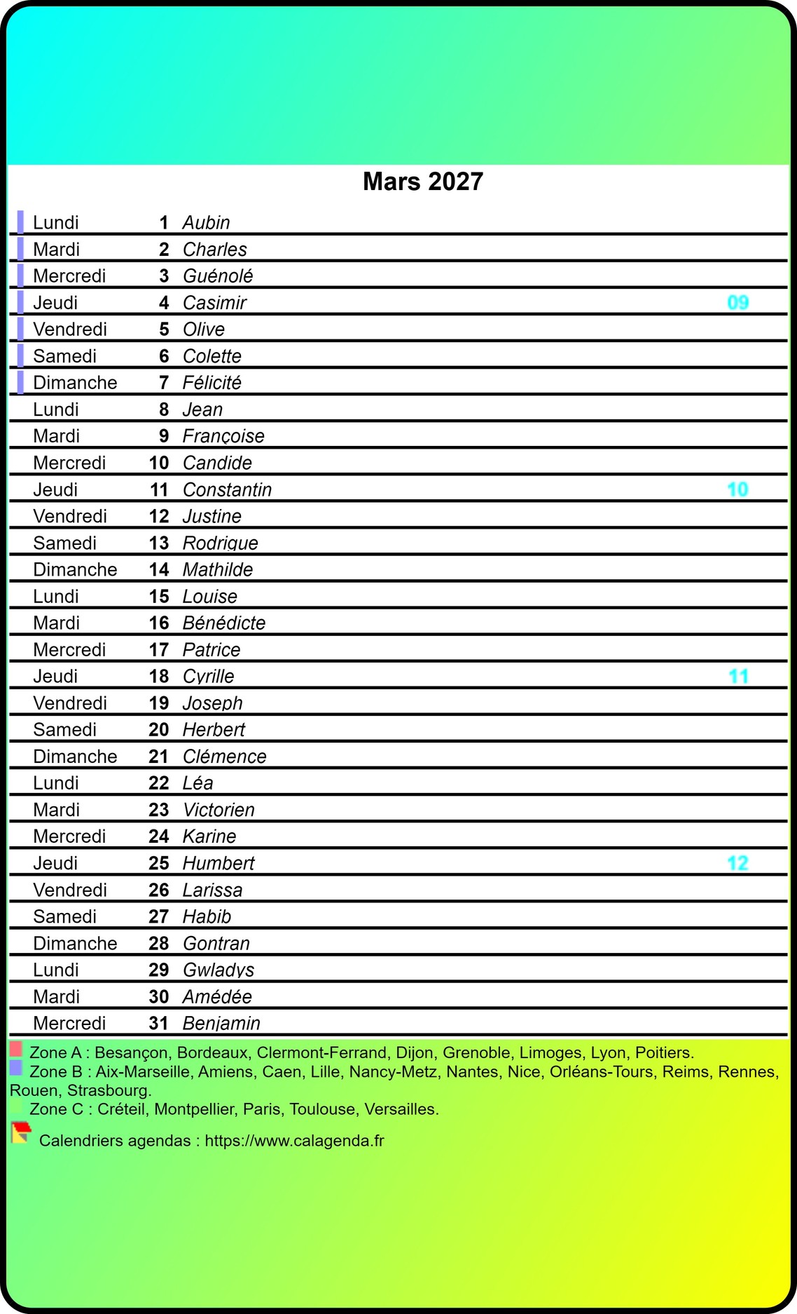 Calendrier mensuel 2027, style iPhone