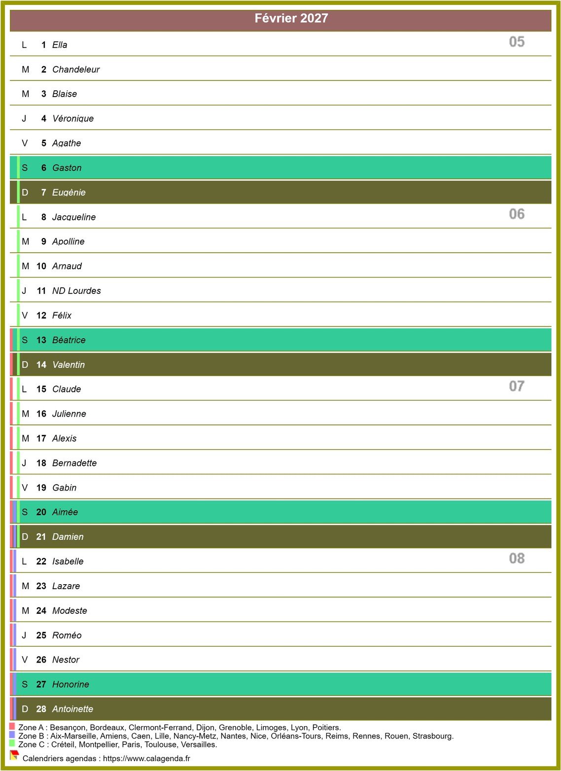 Calendrier mensuel 2027 en colonne