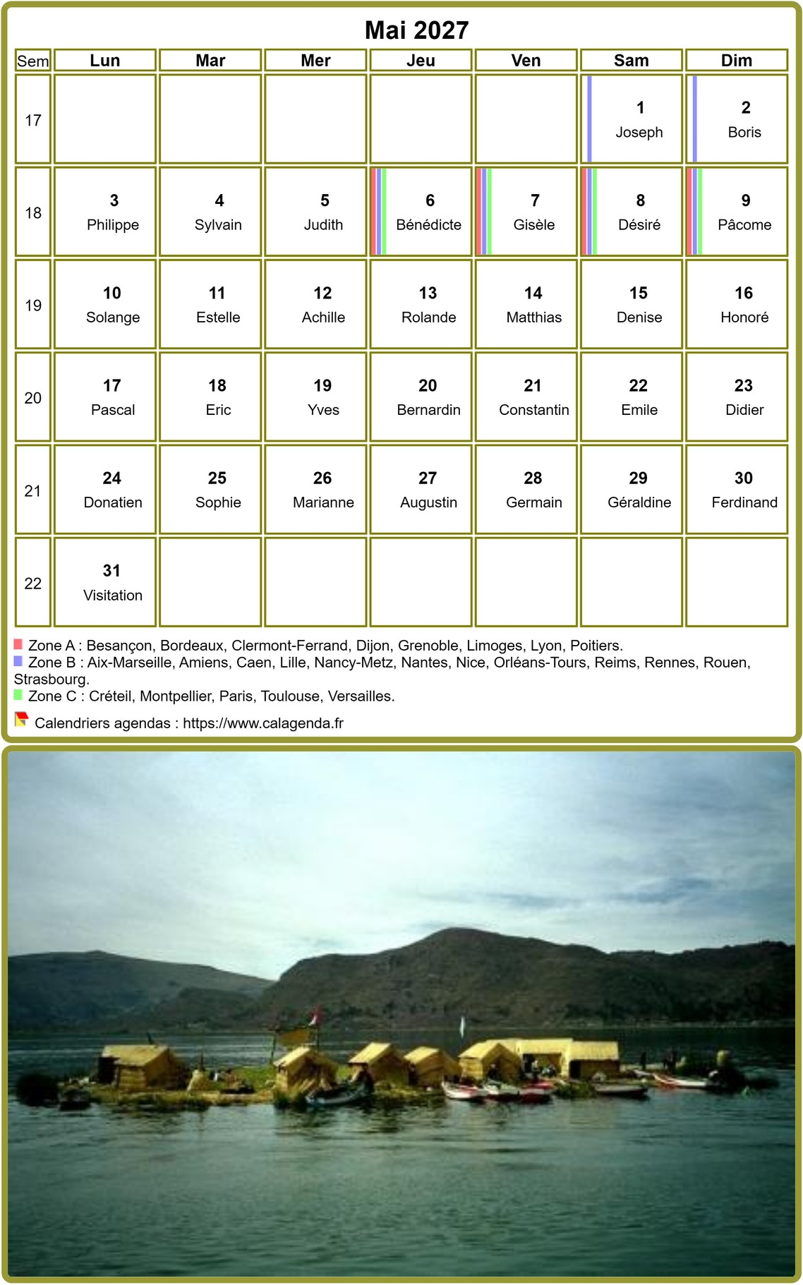 Calendrier mensuel 2027, tableau avec photo