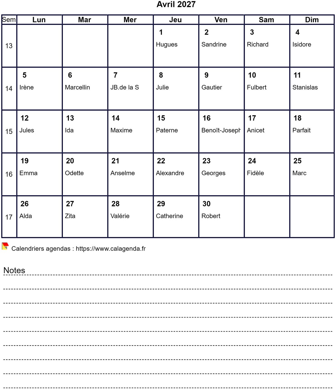 Calendrier mensuel 2027 avec notes