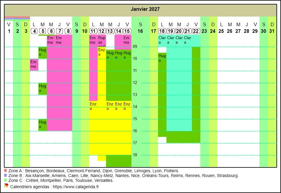 Calendrier planning horizontal mensuel avec la grille des horaires