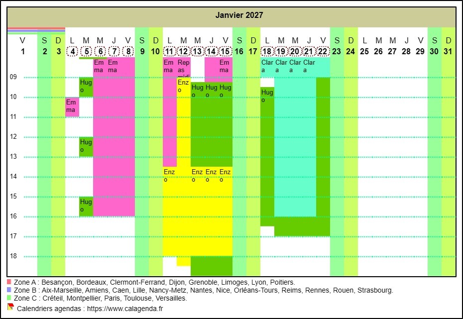 Calendrier planning horizontal mensuel avec la grille des horaires