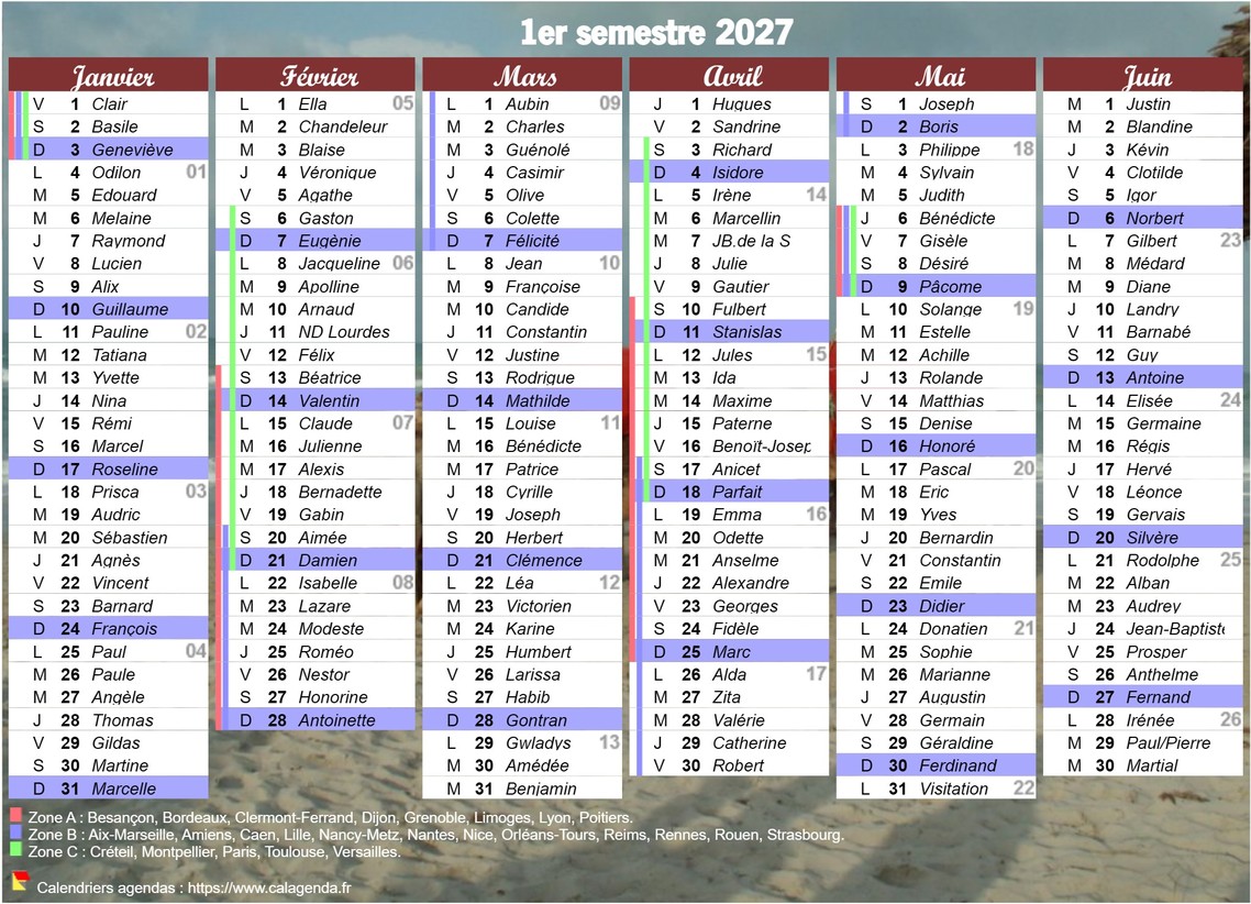 Calendrier 2027 à imprimer, semestriel, avec les fêtes, format portrait, une colonne par mois