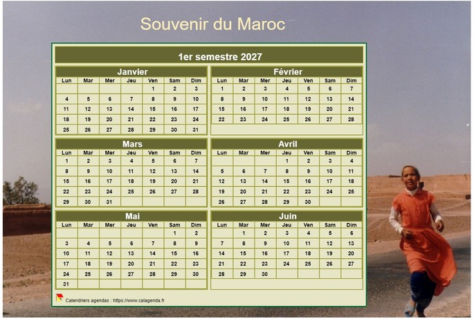 Calendrier 2027 artistique semestriel à imprimer, format mini de poche, avec photo
