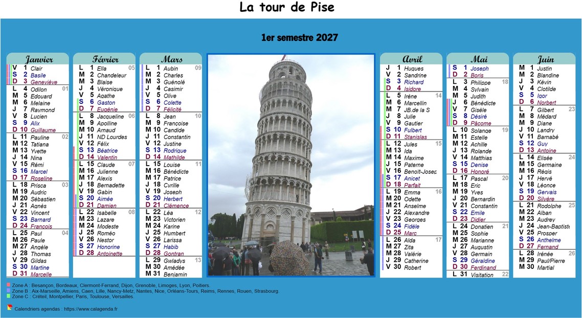 Calendrier 2027 semestriel en colonnes avec photo au centre