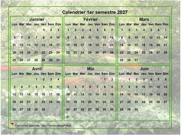 Calendrier 2027 à imprimer semestriel, format paysage, avec photo en fond de calendrier
