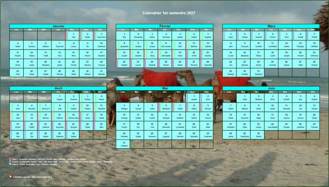 Calendrier 2027 à imprimer semestriel, format paysage, avec photo