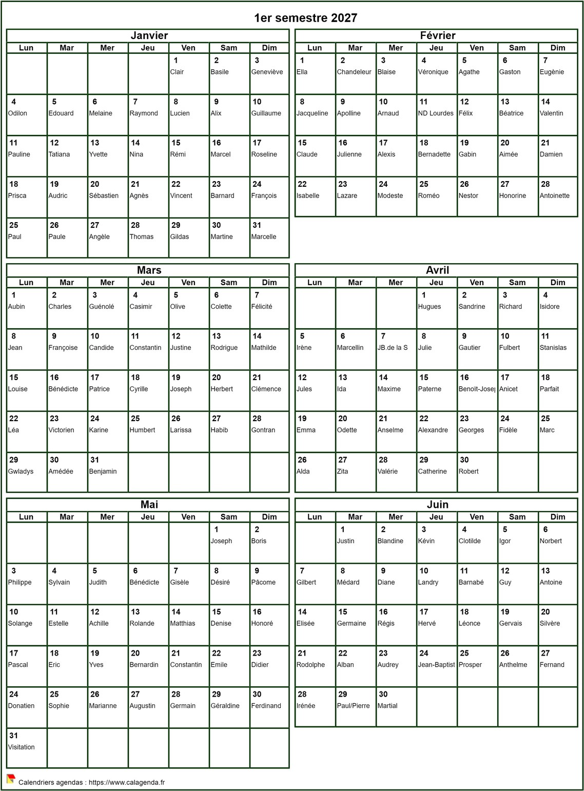 Calendrier 2027 à imprimer semestriel, format portrait, avec les fêtes