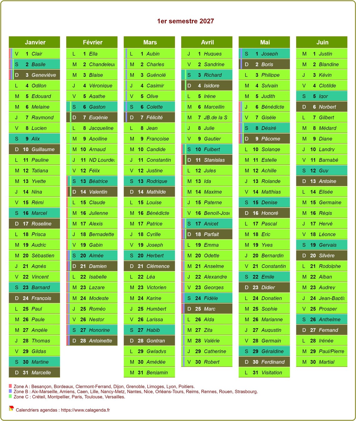 Calendrier 2027 semestriel décoratif avec agenda, format portrait, une colonne par mois