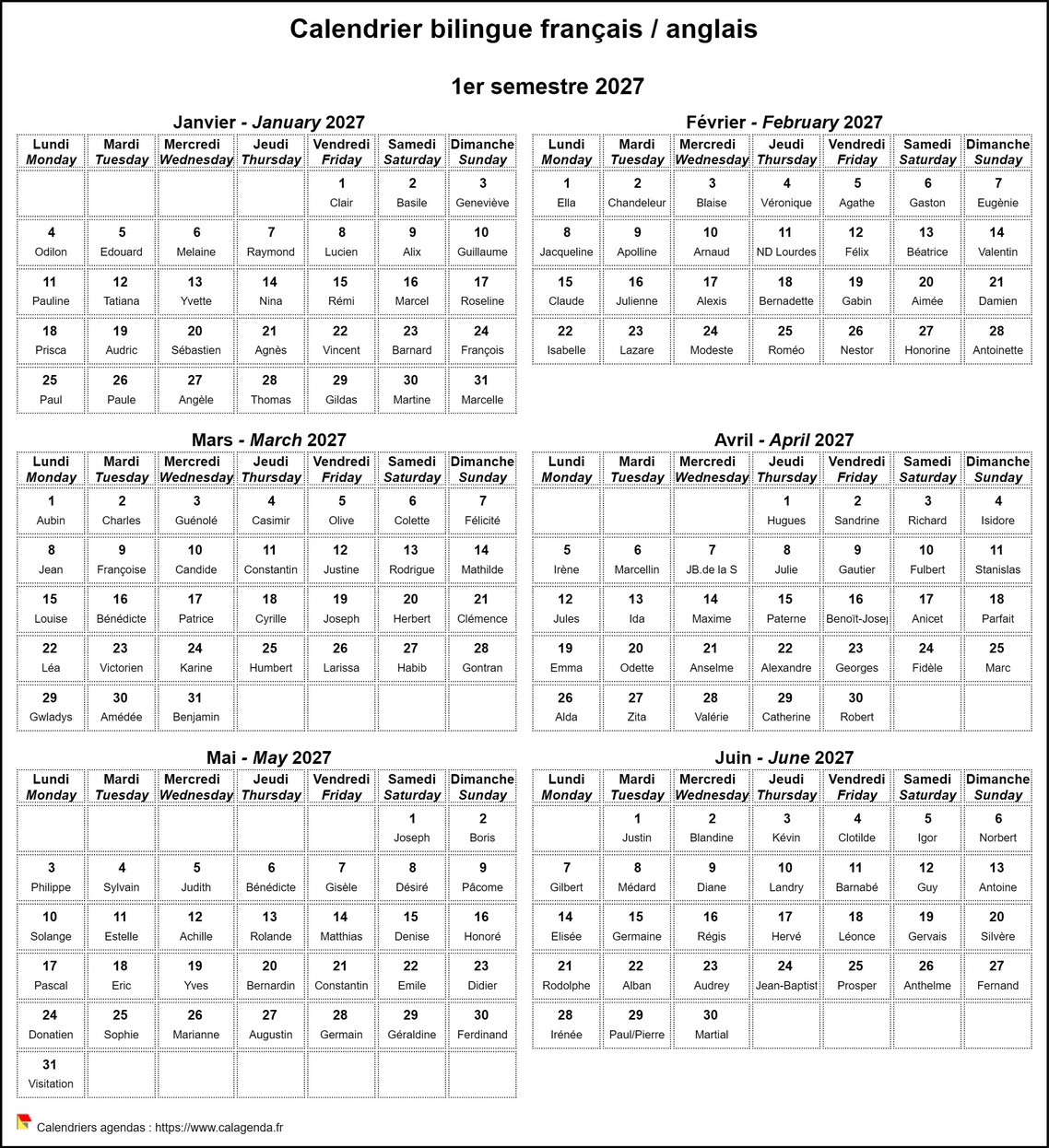 Calendrier 2027 semestriel français anglais