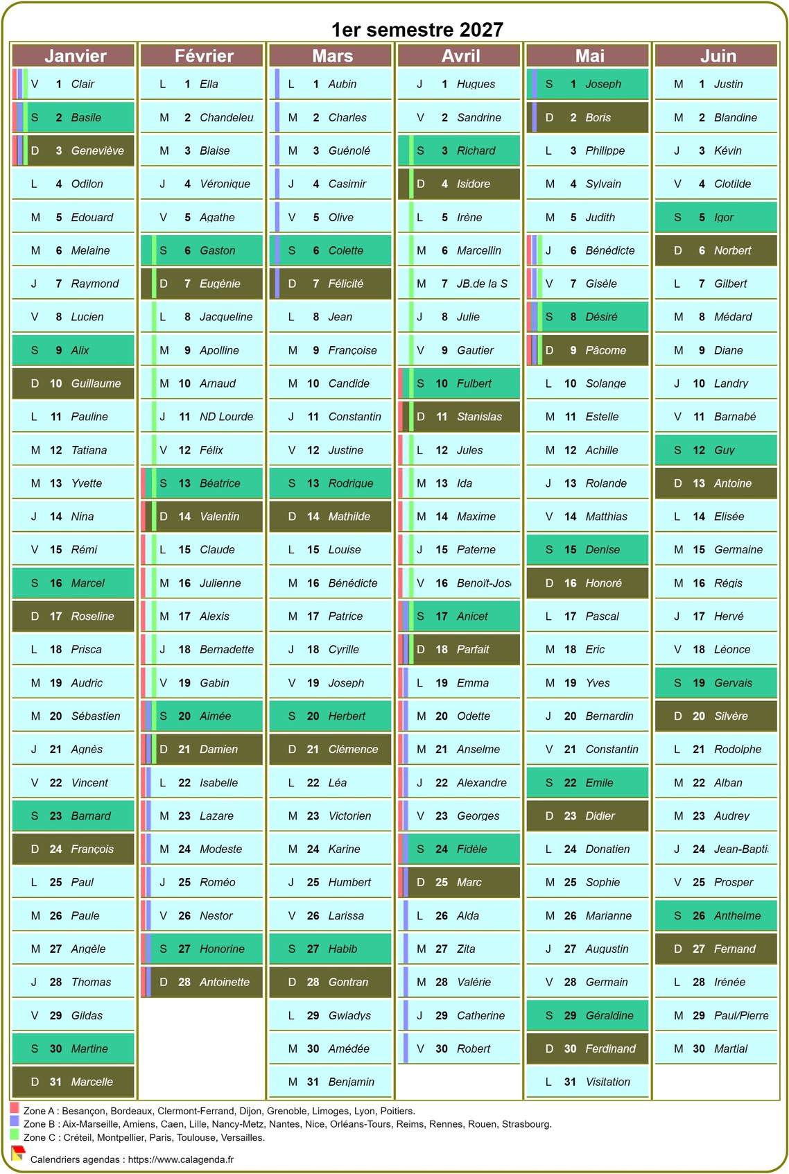 Modèle par défaut du calendrier agenda semestriel, une colonne par mois
