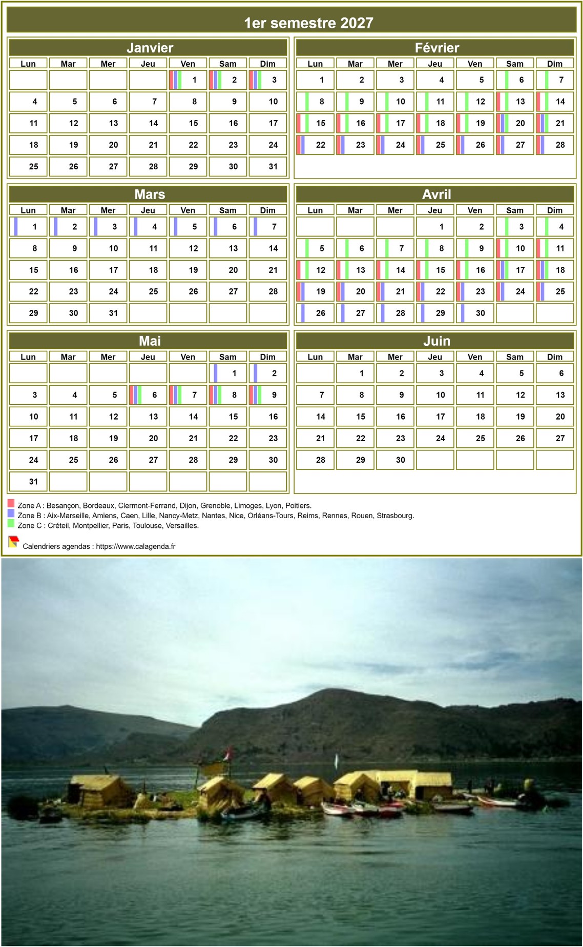Modèle par défaut du calendrier agenda semestriel, 2 colonnes par 3 lignes