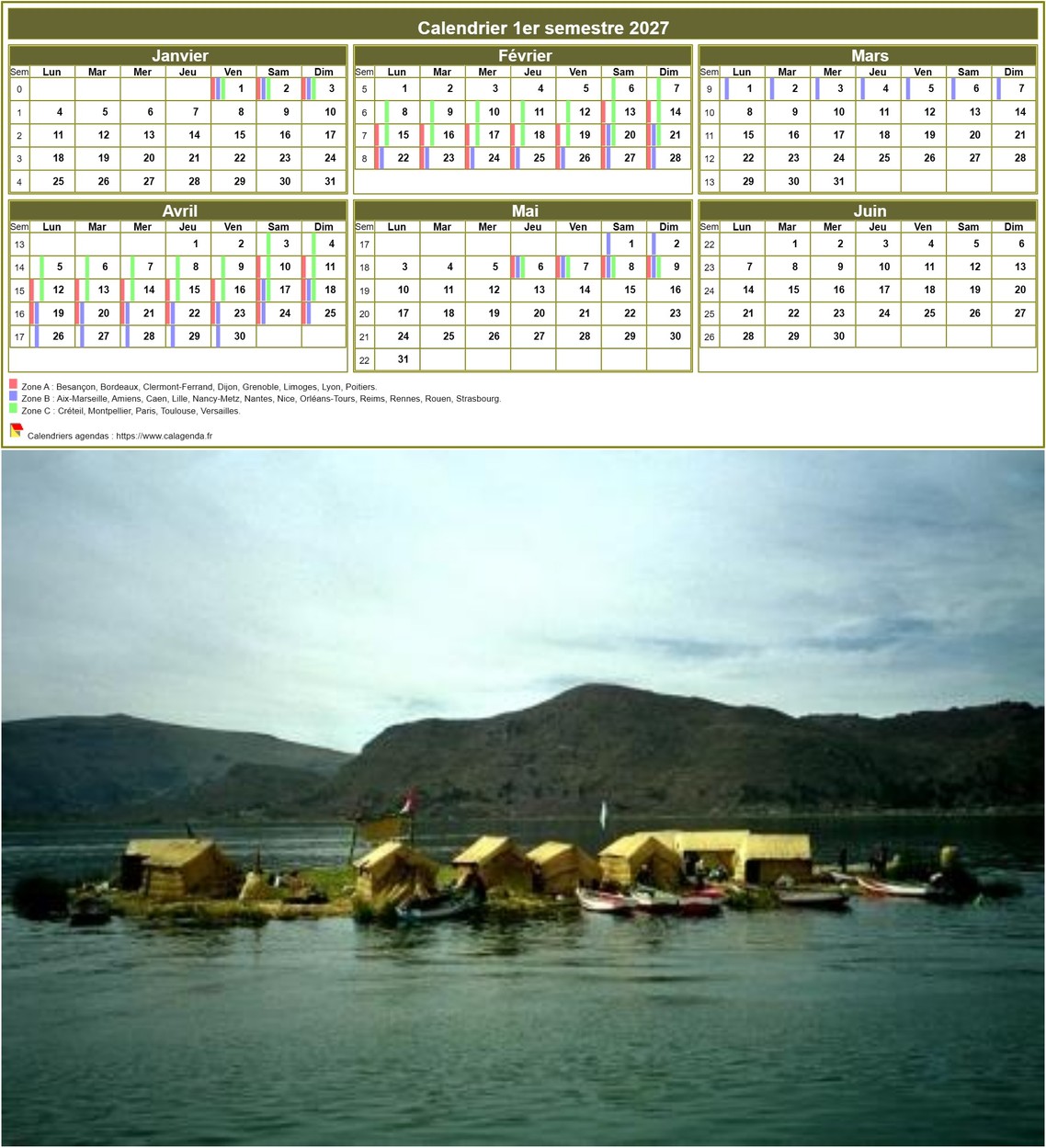 Modèle par défaut du calendrier agenda semestriel, 3 colonnes, un trimestre par ligne