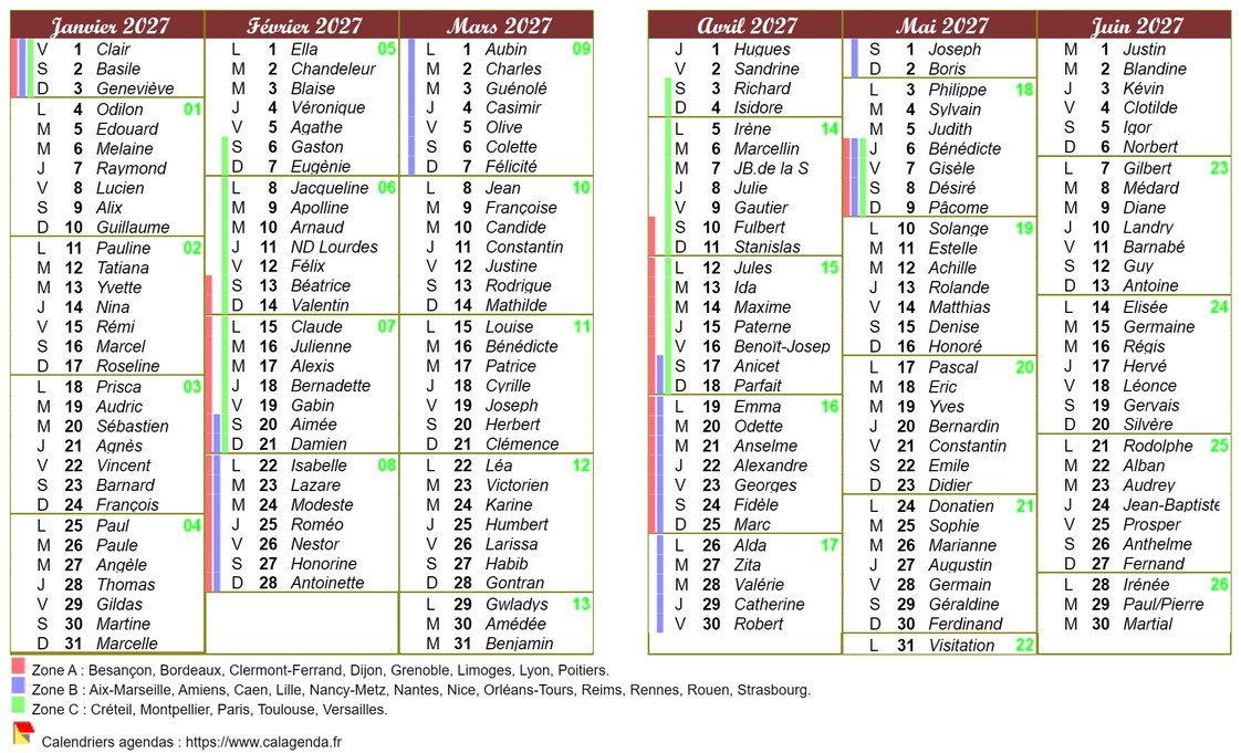 Calendrier de poche semestriel de format 10X15