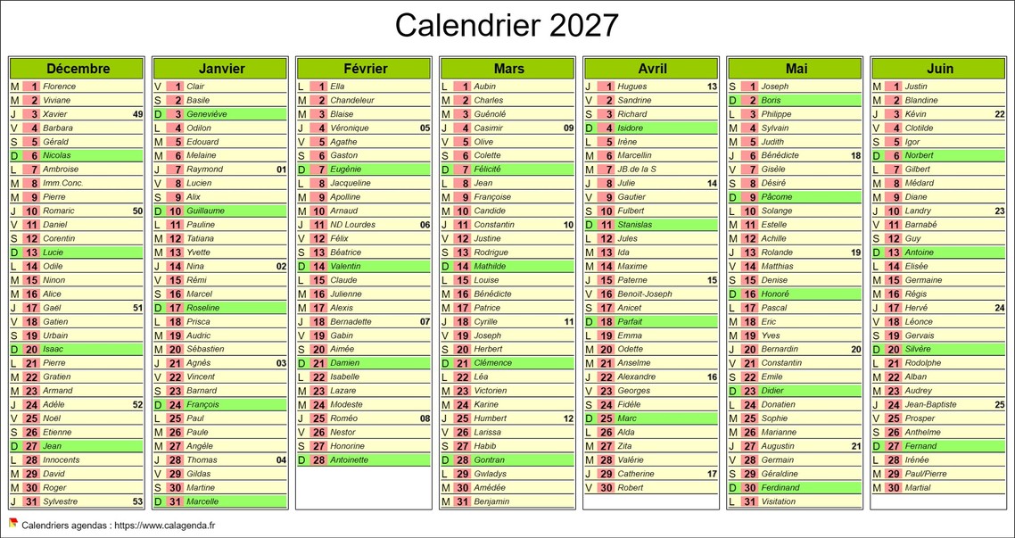 Calendrier 2027 semestriel de sept mois