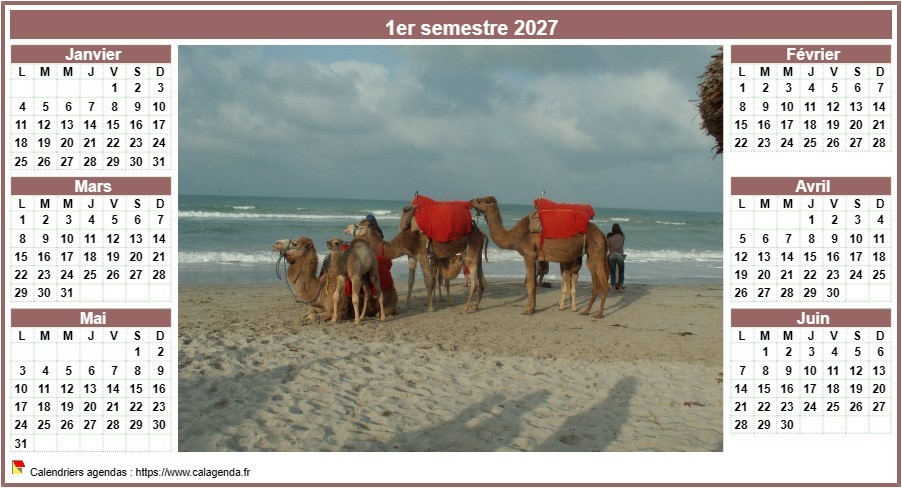 Calendrier 2027 semestriel de style calendrier des postes avec photo au centre