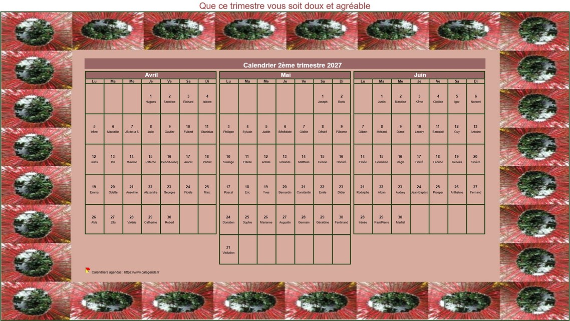 Calendrier 2027 à imprimer décoratif trimestriel, format paysage, avec un cadre photo