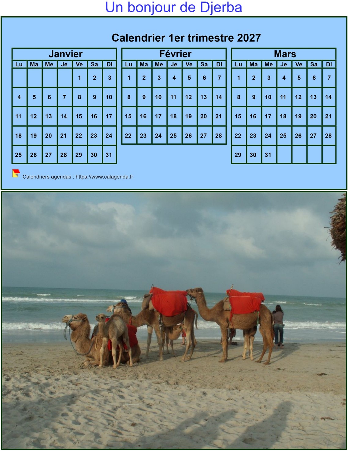 Calendrier 2027 à imprimer trimestriel, format mini, fond bleu, avec photo