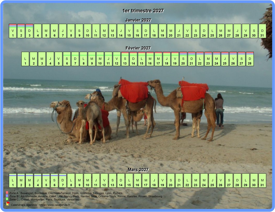 Calendrier 2027 trimestriel horizontal avec une photo en fond de calendrier