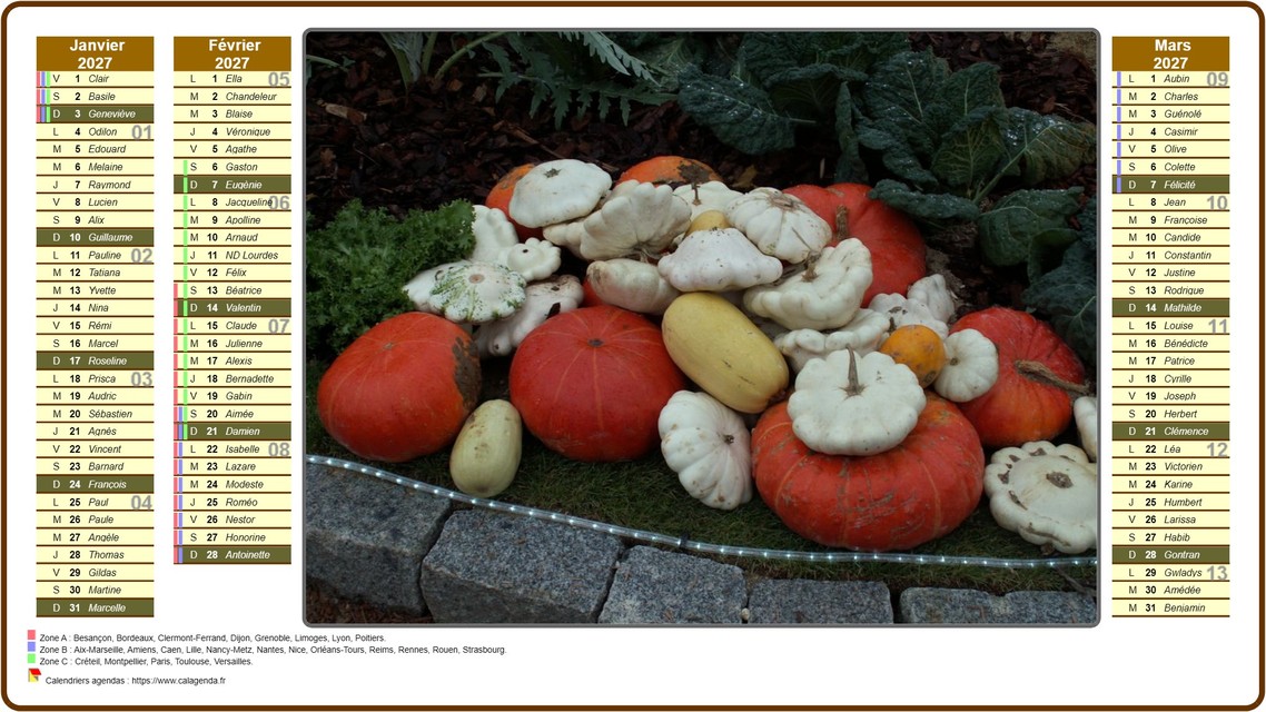 Calendrier 2027 trimestriel en colonnes avec photo à l'intérieur.