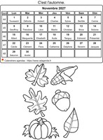 Calendrier 2027 à colorier du mois de novembre