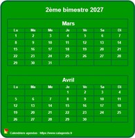 Calendrier 2027 à imprimer bimestriel, format mini de poche, vertical, fond vert