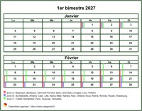 Calendrier 2027 à imprimer bimestriel, format mini de poche, avec les vacances scolaires