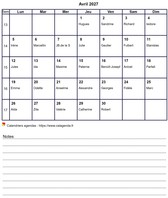 Calendrier de mai 2027 avec notes
