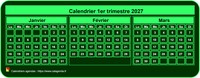 Calendrier 2027 à imprimer trimestriel, format mini de poche, fond vert